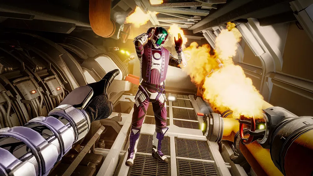 A ship's hallway is on fire as a space adventurer in a space suit looks to be panicking.