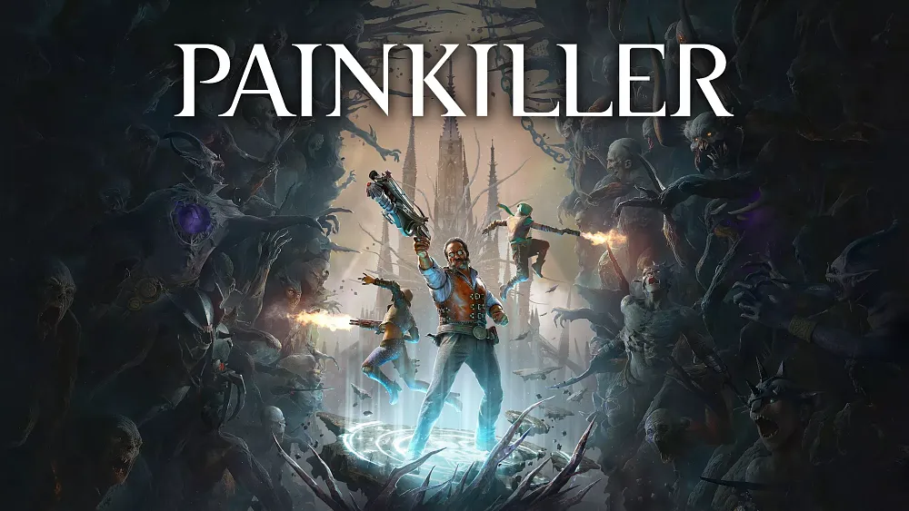 Art showing three heroes surrounded by tons of hellish enemies. Title, Painkiller, at the top.