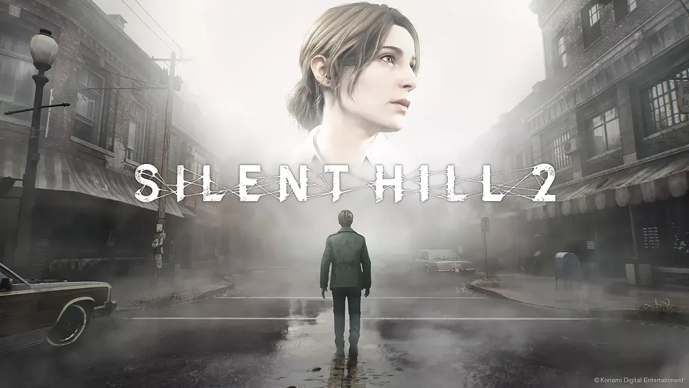 Key art with the title, Silent Hill 2, and a man walking down a foggy small city street. The face of a woman is superimposed over the top portion of the image.