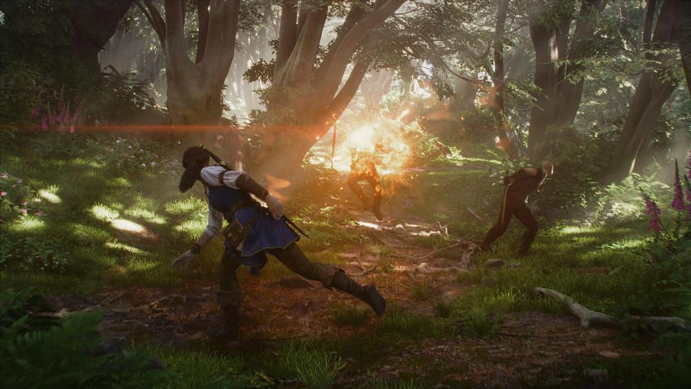 Screenshot from the 2026 Fable game where the character is fighting bandits with magic.
