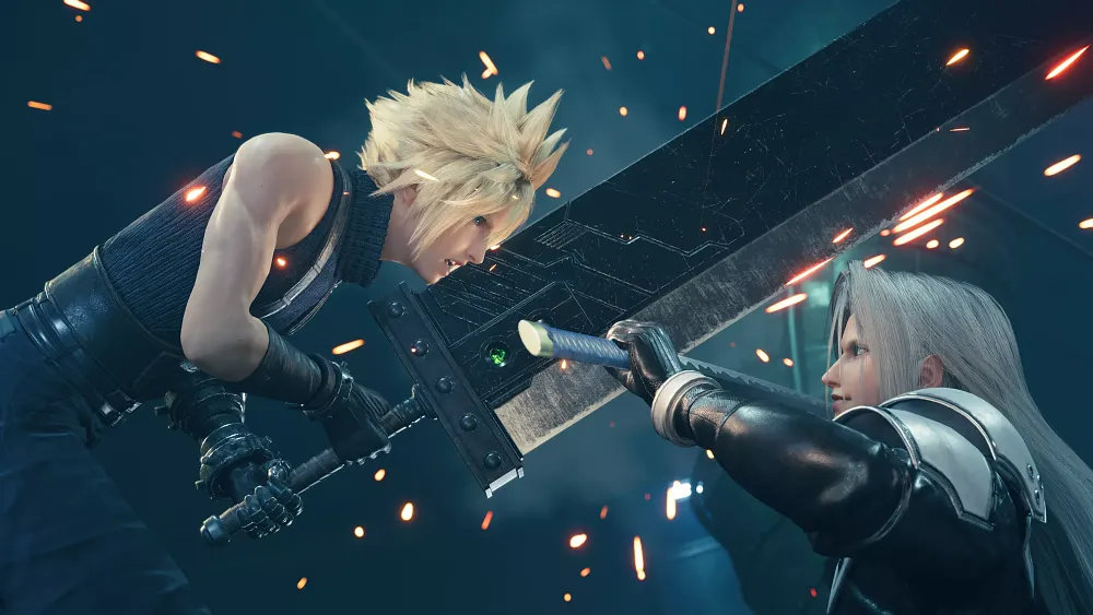 Cloud and Sephiroth clash swords during a fight.