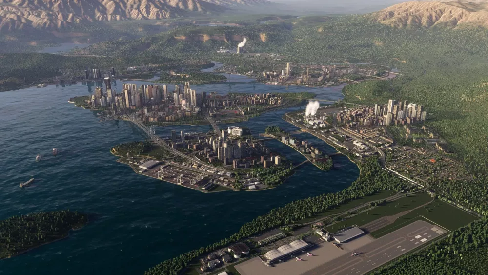 Screenshot of a city from high up.
