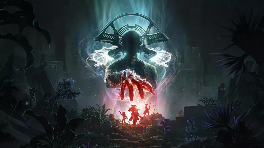 Key art showing a mysterious giant figure in the background holding their hand above three Destiny 2 guardians as if they were a puppet master controlling the characters.