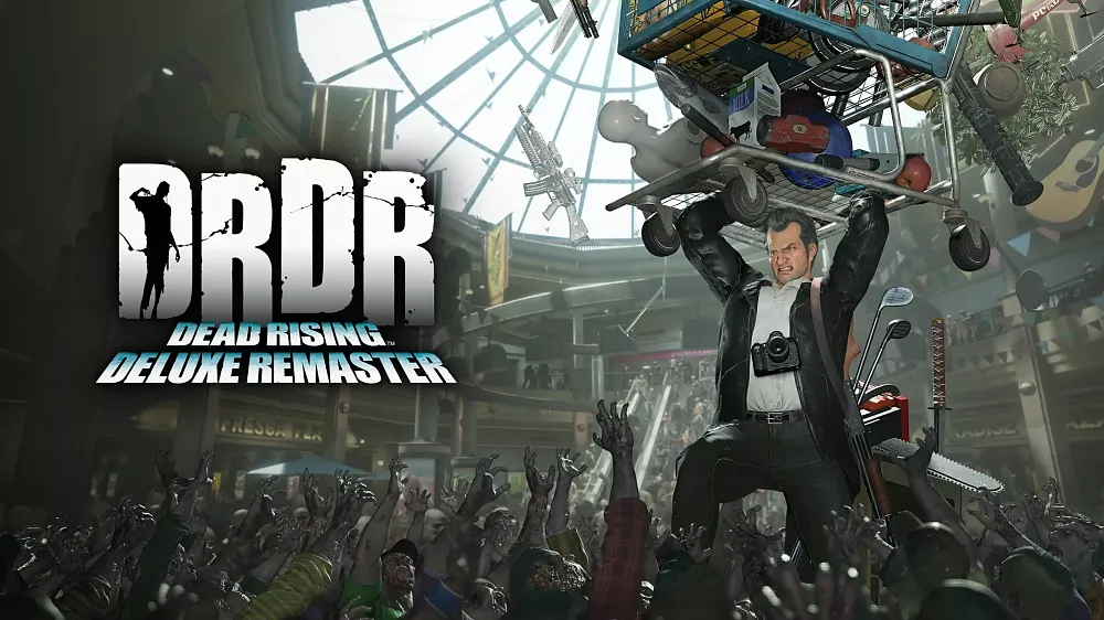 A man holding a full shopping cart above his head ready to attack a horde of zombies. Title: Dead Rising Deluxe Remaster