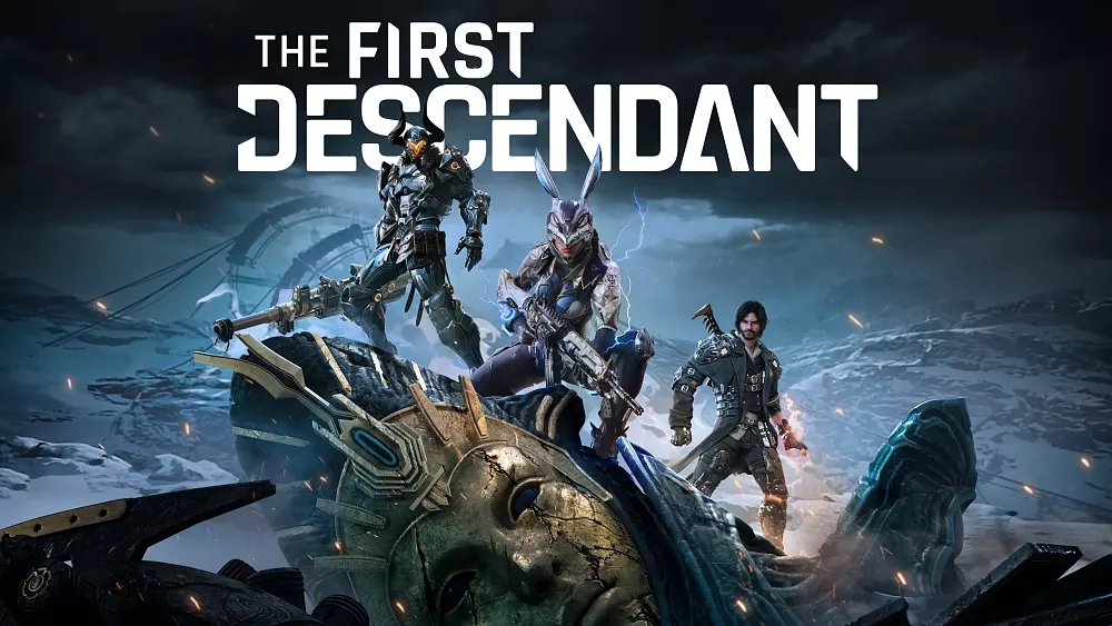 Key art for the game showing three vastly different playable characters in futuristic clothing an armor standing atop a giant statue type head.