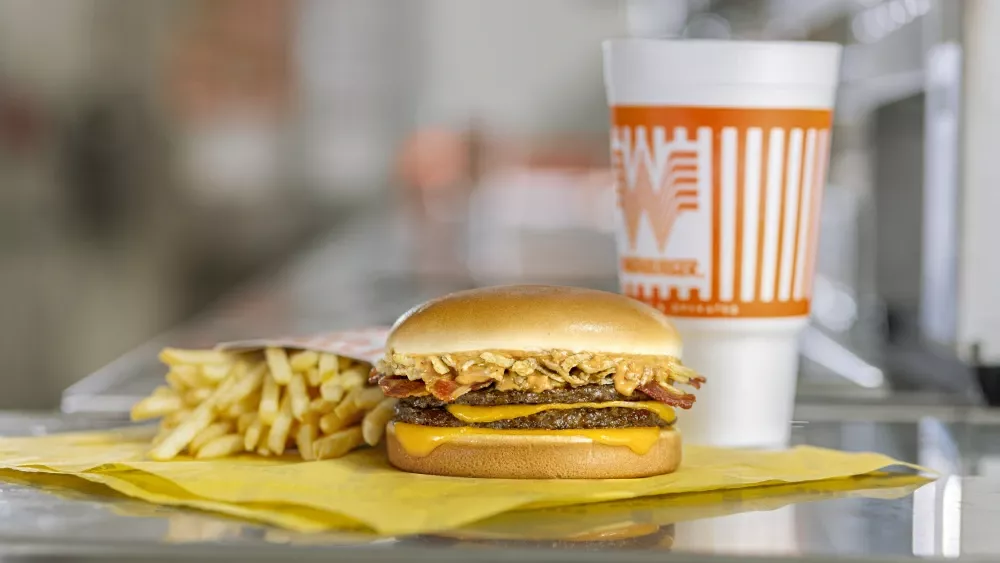 Fries, a burger, and a large drink from Whataburger.