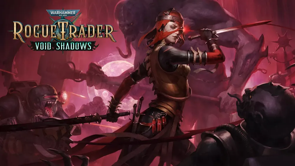 A female rogue clad in brown leather, black clothing, and red cloth accents including a torn face covering is wielding a short sword and a longer sword against enemies with long tongues while a larger enemy with purple skin looms in the background.