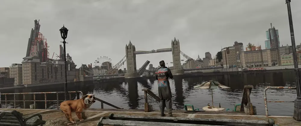 A character near a river overlooking a partially destroyed London, with the London Bridge in the distance and iconic Ferris wheel in the distance. A British Bulldog stands next to the man.