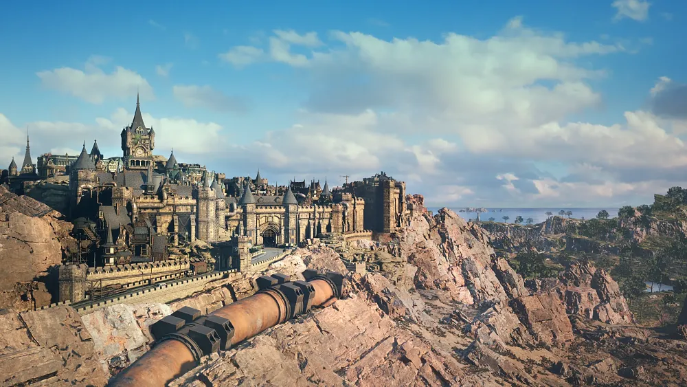 The city of Kalm from Final Fantasy 7 Rebirth; a cozy city situated alongside atop a cliffside.