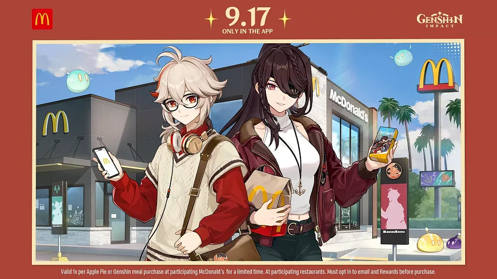A drawing showing two anime characters with various McDonald's items to promote the collaboration between McDonald's and Genshin Impact.