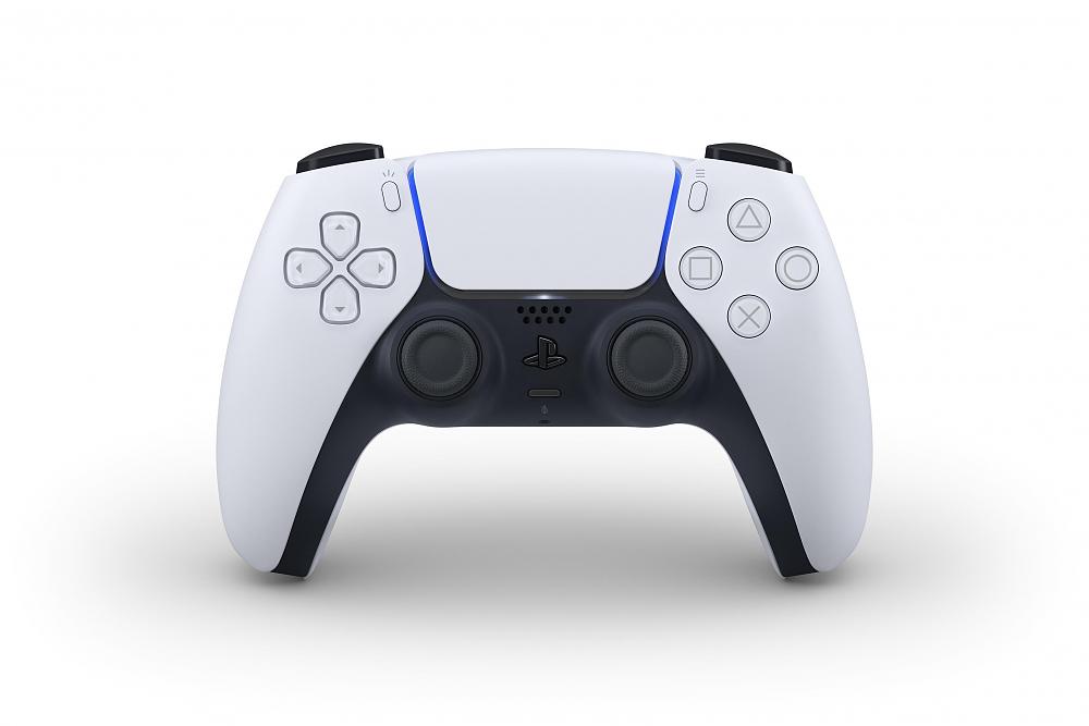 A white and black video game controller for the PlayStation 5.