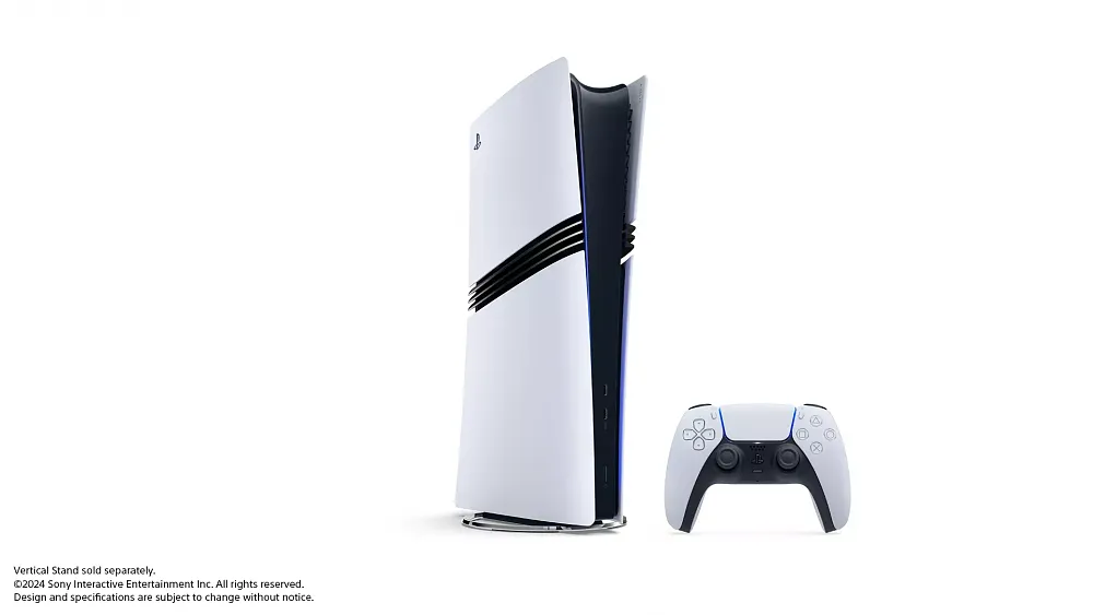 A PlayStation 5 "pro" model standing vertically on a stand with a game controller, DualSense, sitting next to it.