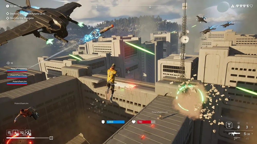 A person running around over rooftops of a few skyscraper like buildings as a plane shoots green lasers at them from the left.