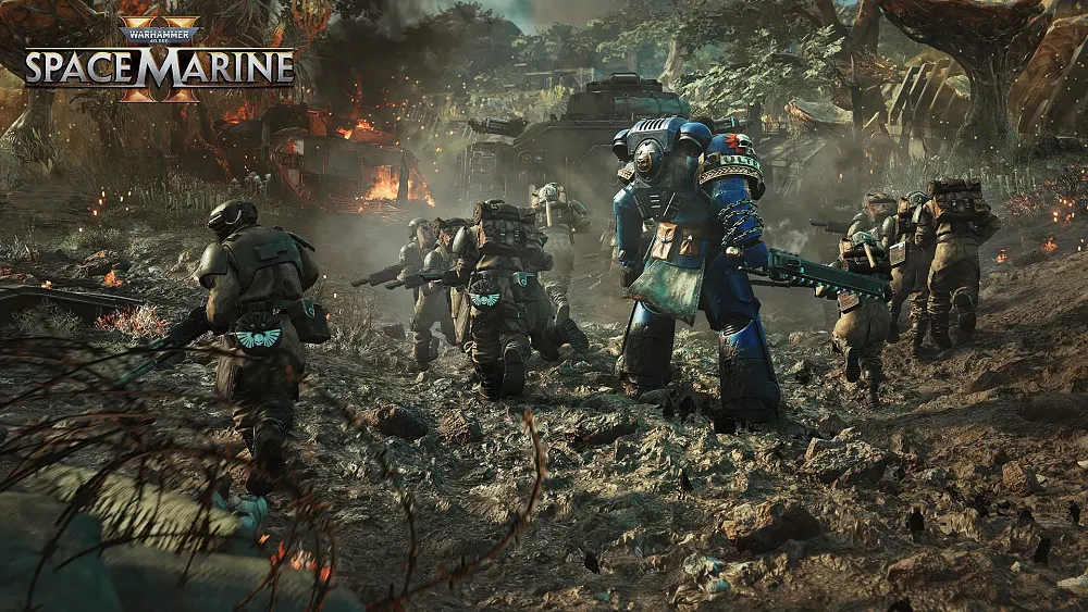 Soldiers, including one in big "space marine" armor take to the battlefield.