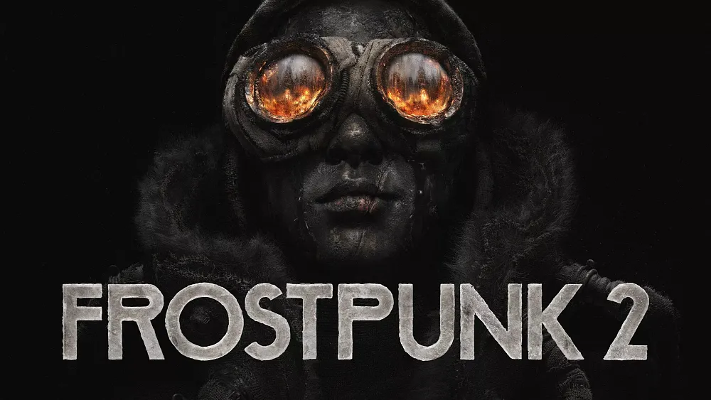 A person wearing reflective goggles. The title, Frostpunk 2, underneath.