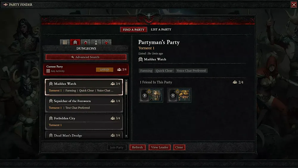 The new Party Finder tool in Diablo 4.