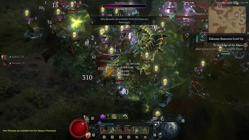 A very busy screenshot of a typical battle in harder Diablo 4 difficulty levels with a ton of enemies attacking you.