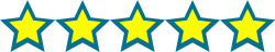 An image showing a review score of 5 out of 5 stars on a scoring system that uses whole numbers (stars) only.