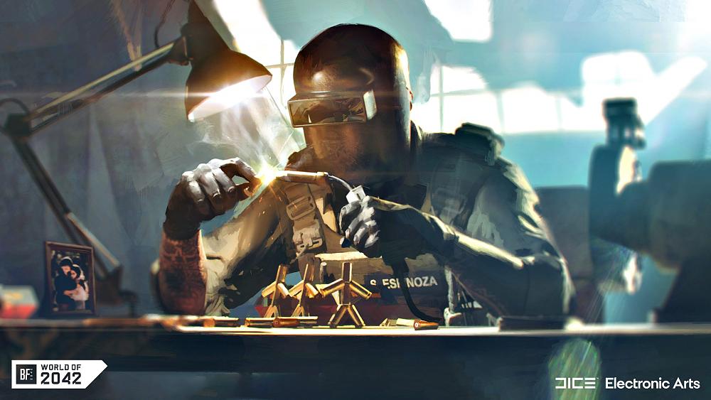 Art for Dozer from Battlefield 2042. They are wielding a piece of metal while wearing a wielding mask.