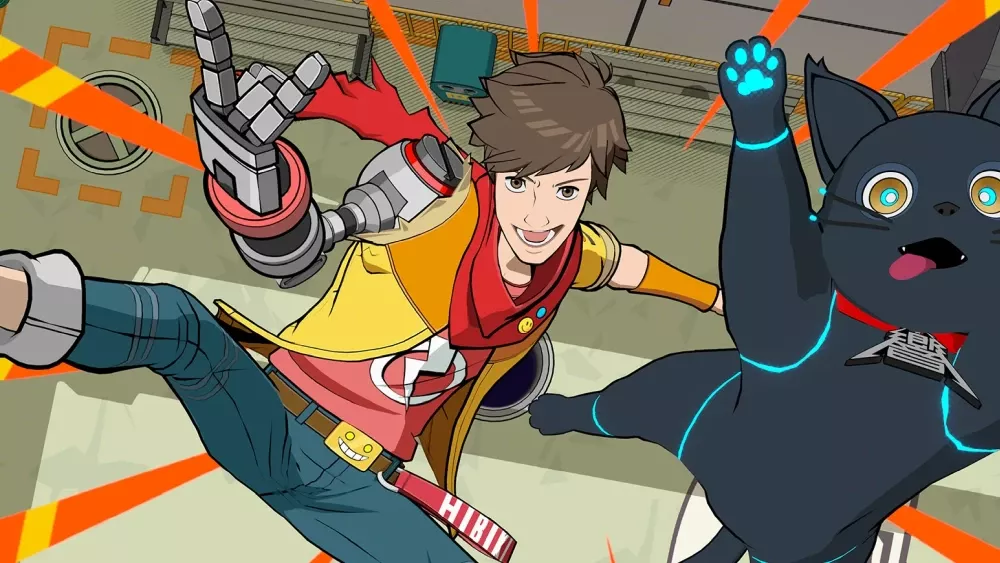 A highly animated man wearing jeans, red shirt, and yellow jacket throwing up the devil horns with a robotic arm as he's leaping in the air next to an equally animated but slightly confused looking cat.