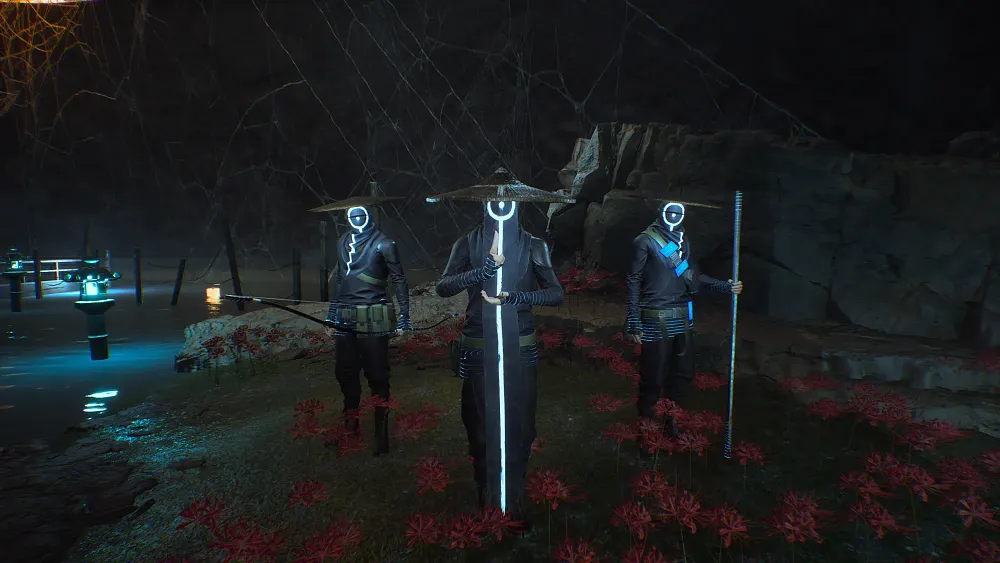 Three mysterious, supernatural figures standing in a darkened alcove near a small body of water.