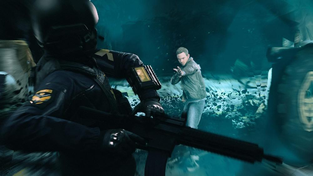 One person using psychic abilities to push an armed and armored guard away.