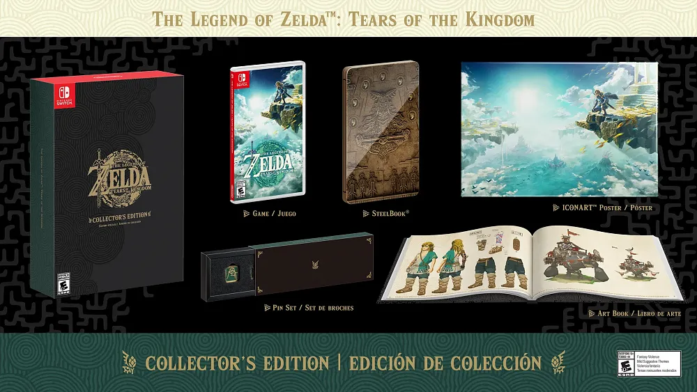 Text: The Legend of Zelda: Tears of the Kingdom. Collector's Edition. Image: Compilation showing a case, art book, and more for a collector's edition of a game.