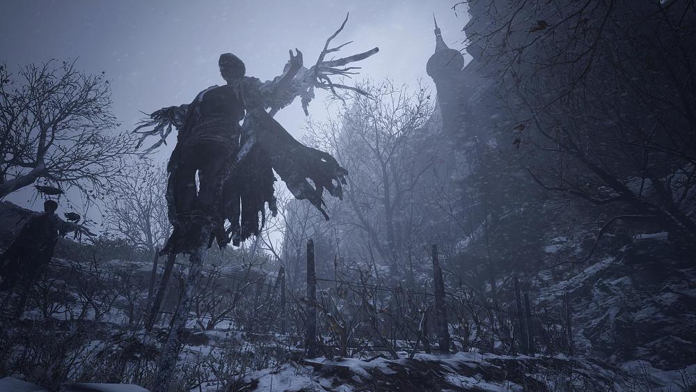 A body strung up on a wooden stake in a snowy area near a castle.