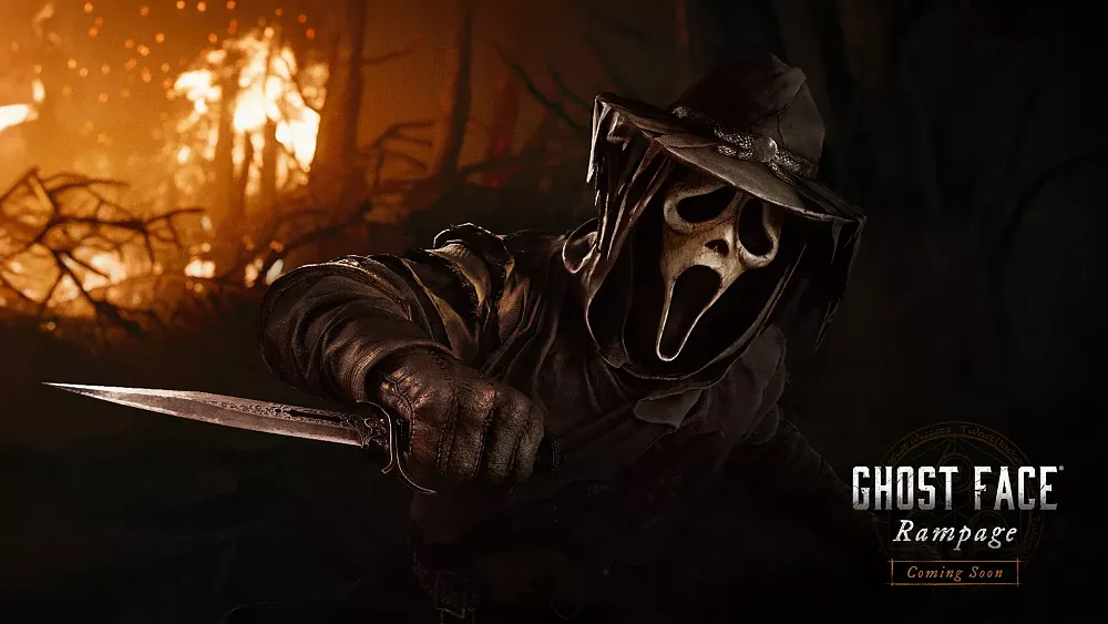 Ghostface, or Ghost Face, from the Scream films as he appears in Hunt: Showdown 1896, with an all black look and white mask with elongated mouth.