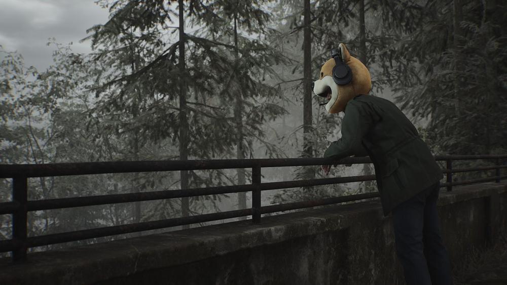 A man in a dark green jacket and wearing a shiba helmet over his head stares out into a foggy forest.