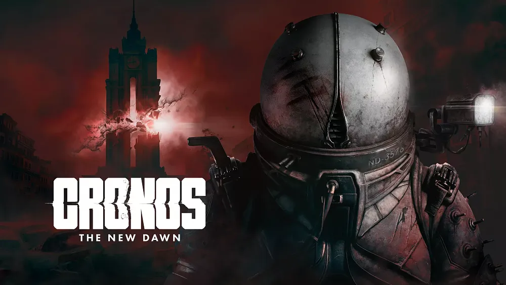 Title: "Cronos: The New Dawn" Image shows a time traveler in a spherical, face-obscuring helmet and full body heavily armored suit. In the background is a red sky with a dual-tower shattered in the middle. A clock is at the top of the dual-tower building.