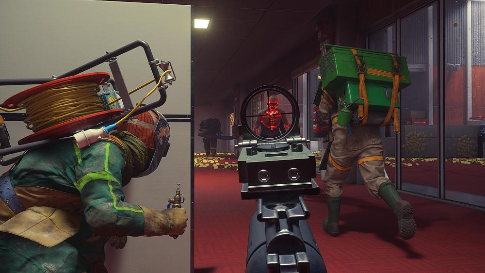 A team in makeshift gear and armor engaging with paranormal enemies in a first-person view.
