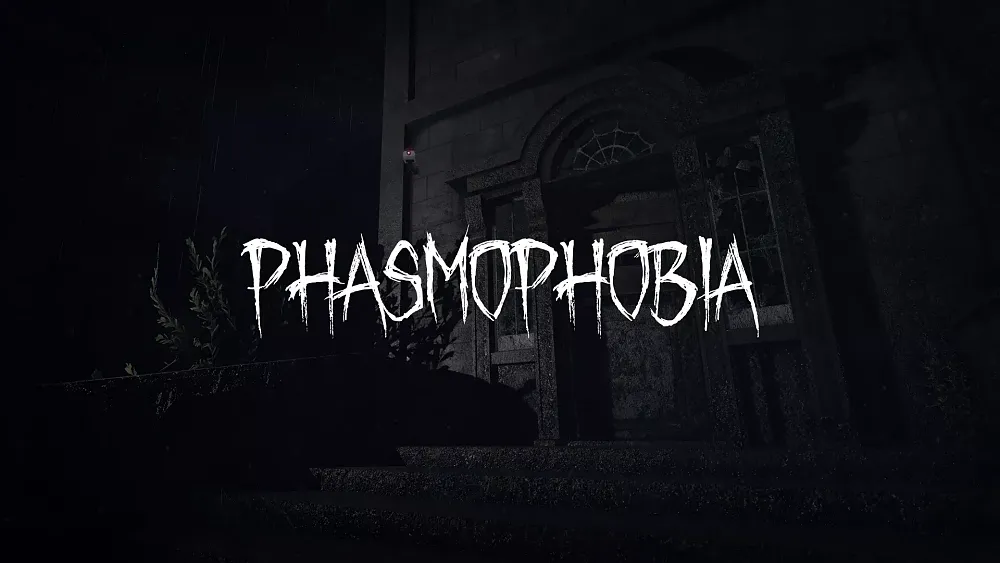 A grainy, dark, black and white image of what appears to be an abandoned house. Text over top says Phasmophobia.