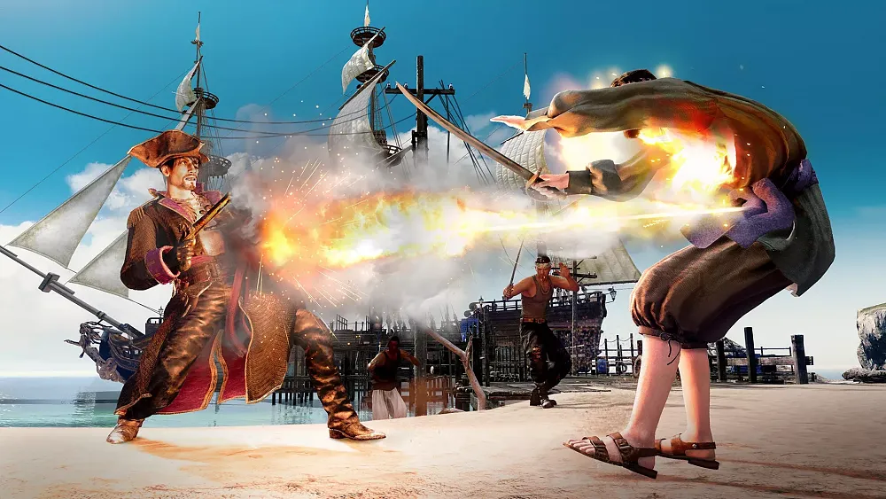A yakuza member dressed up in a pirate outfit blasting an enemy with a pistol.