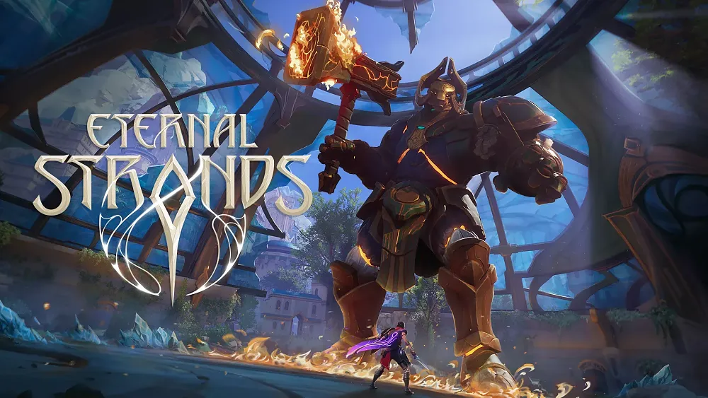 A regular sized woman standing in front of, and preparing to fight, a tall mechanical stone hammer-holding giant all in a fantasy style setting.