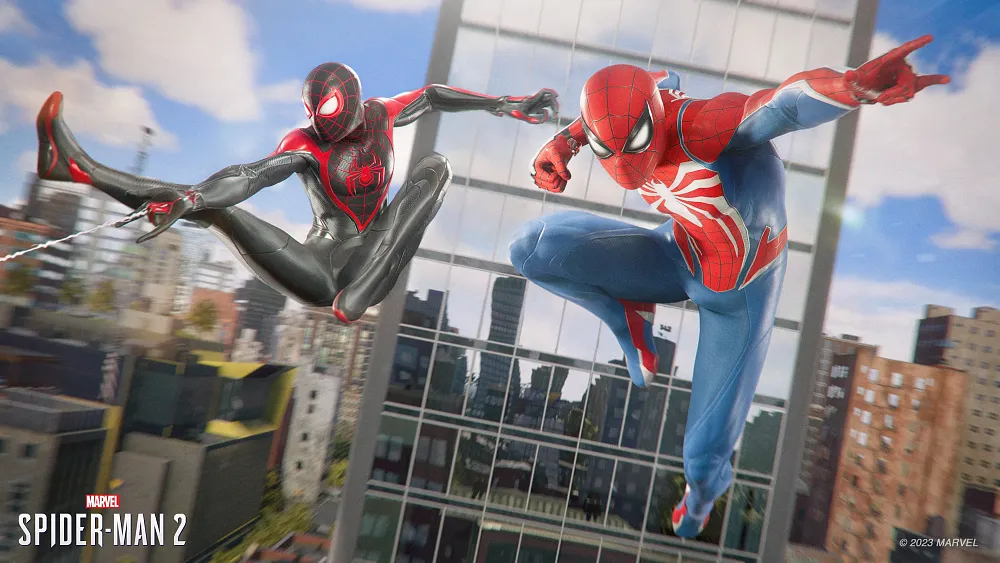 Peter Parker and Miles Morales, both as Spider-Man, swinging through New York City