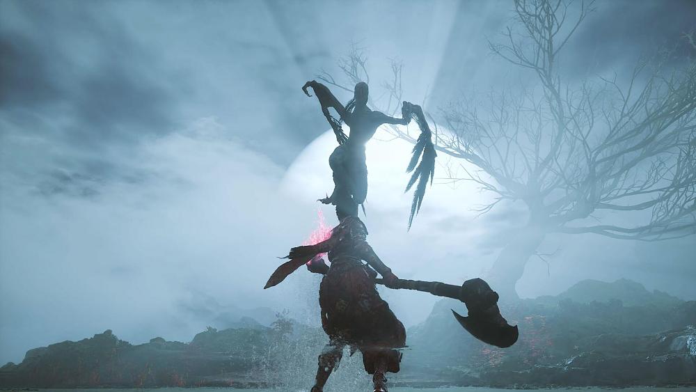 A woman warrior readying a giant axe against a tall, feminine looking statue figure.