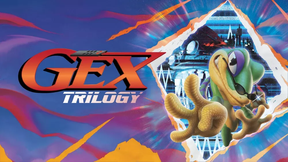 Key art. Text: Gex Trilogy. Image shows a walking, talking gecko named Gex.