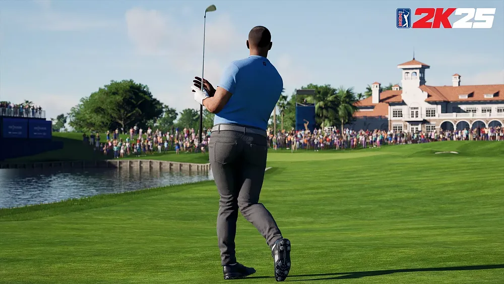 A golfer looking at the travel of the golf ball that they just hit from the fairway of a golf lhole.