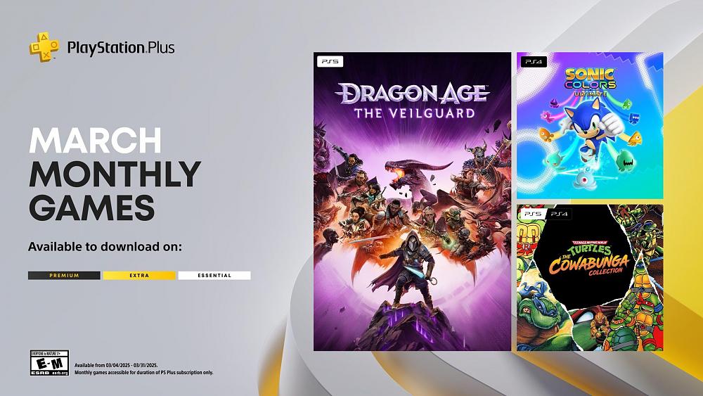 Art showing the March 2025 games for PlayStation Plus subscribers. It shows three different cover arts for three different games. Those games are Dragon Age: The Veilguard, Sonic Colors: Ultimate, and Teenage Mutant Ninja Turtles: The Cowabunga Collection.