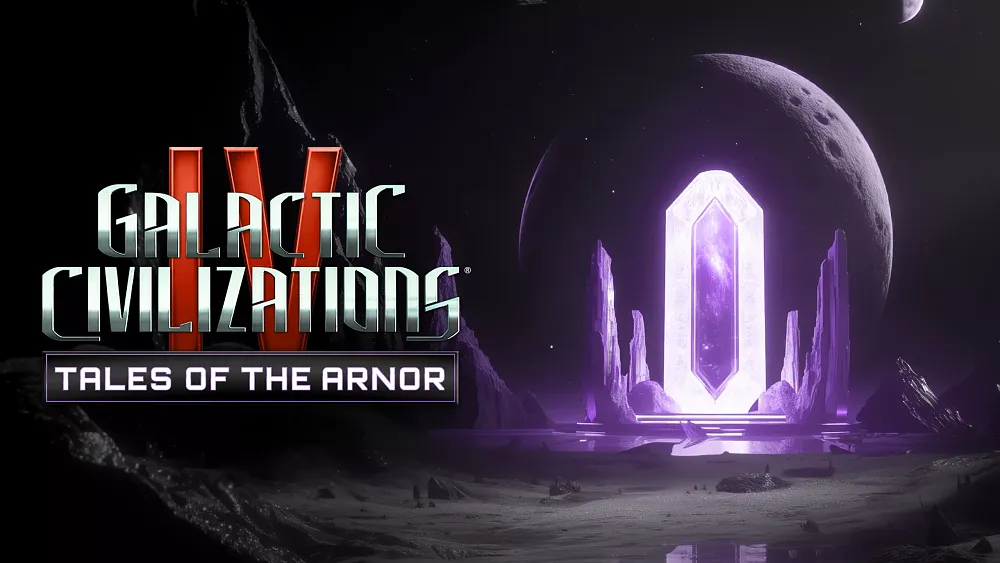 Key art with the title and some purple gateway thing on an alien planet.