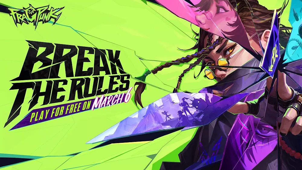 Text: FragPunk. Break the rules. Play for free on March 6. Right side of the image shows a character breaking the "glass" of the image with a card as other characters can be seen in the shards.