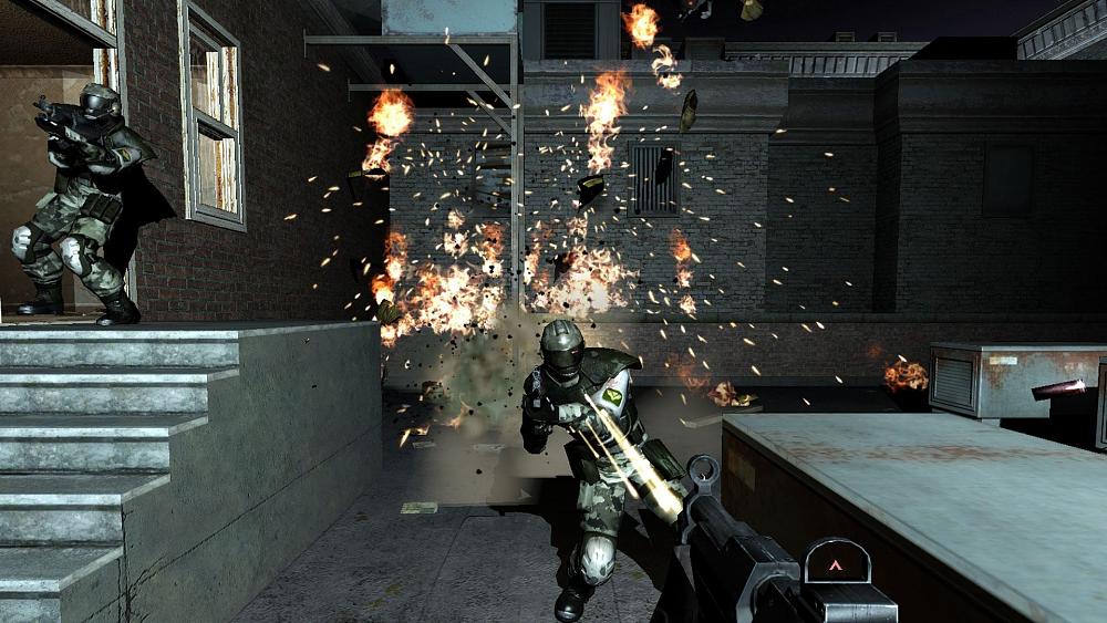 A screenshot from the first-person shooter game, F.E.A.R. from Monolith Productions. It shows two enemies leaning to get a shot at the player, a lot of sparks, some small flames or explosions in the background.