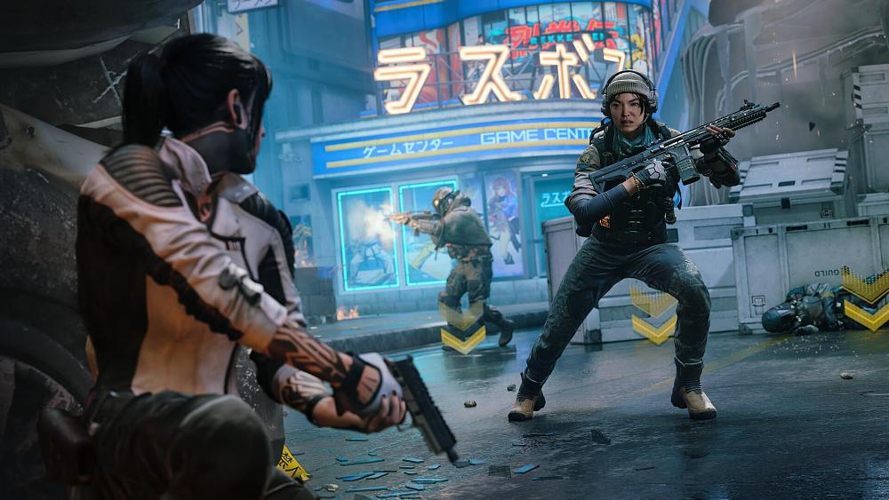 Screenshot of players moving and fighting in a multiplayer match of Black Ops 7.