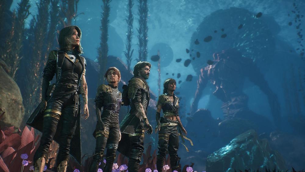 Screenshot for Expedition 33 showing four main characters in some sort of an underwater environment.