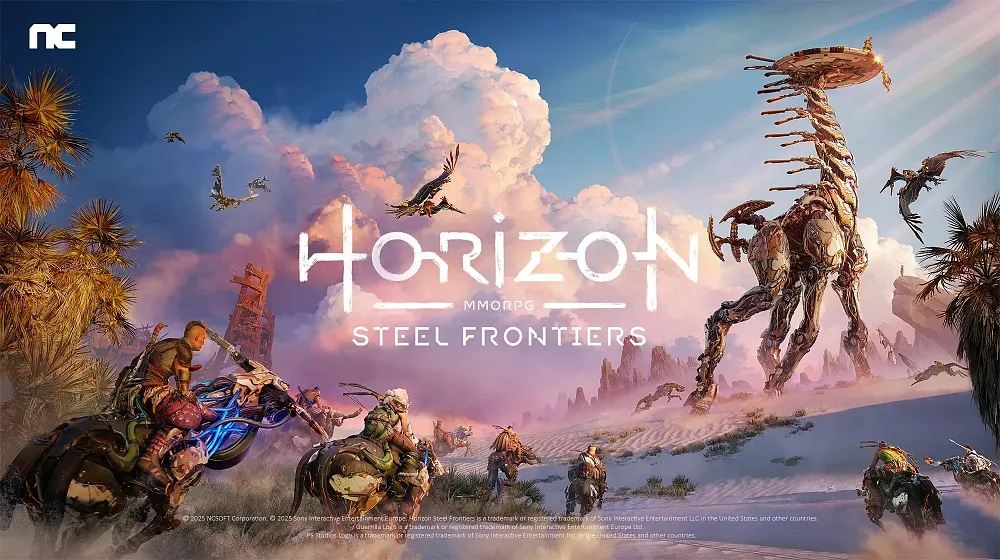 Key art for Horizon Steel Frontiers showing human warriors and giant mechanical dinosaurs.