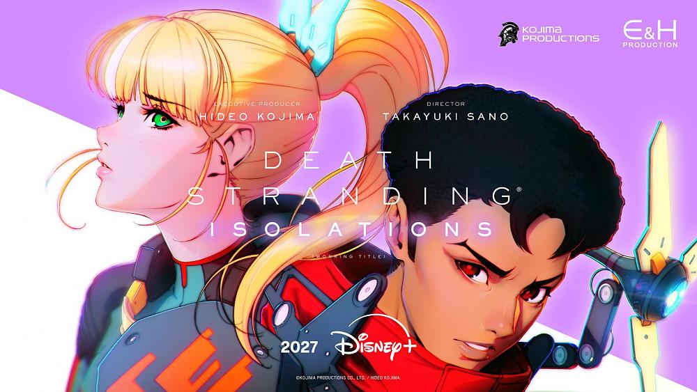 Key art for Death Stranding Isolations showing the title and the two main characters, a young woman and young man, from the upcoming animated series for Disney+.