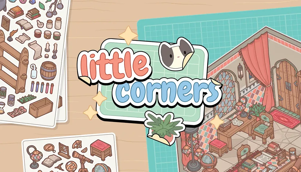 Art showing the title, Little Corners, and various room designs and possible stickers for this sticker book sim.