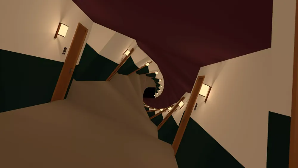 A hallway spiraling around.