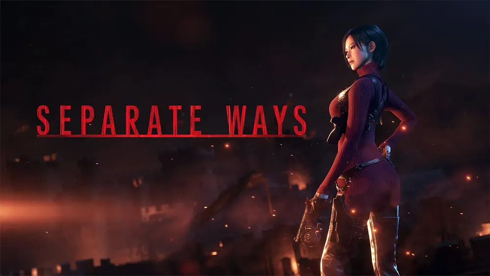 Text: Separate Ways. Image: A woman in a red dress standing.